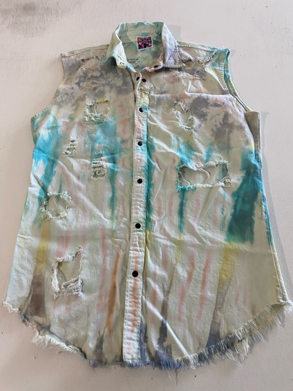 Sleeveless Distressed handmaTie-Dye Button Front Shirt - Pastel Blues & Neutrals